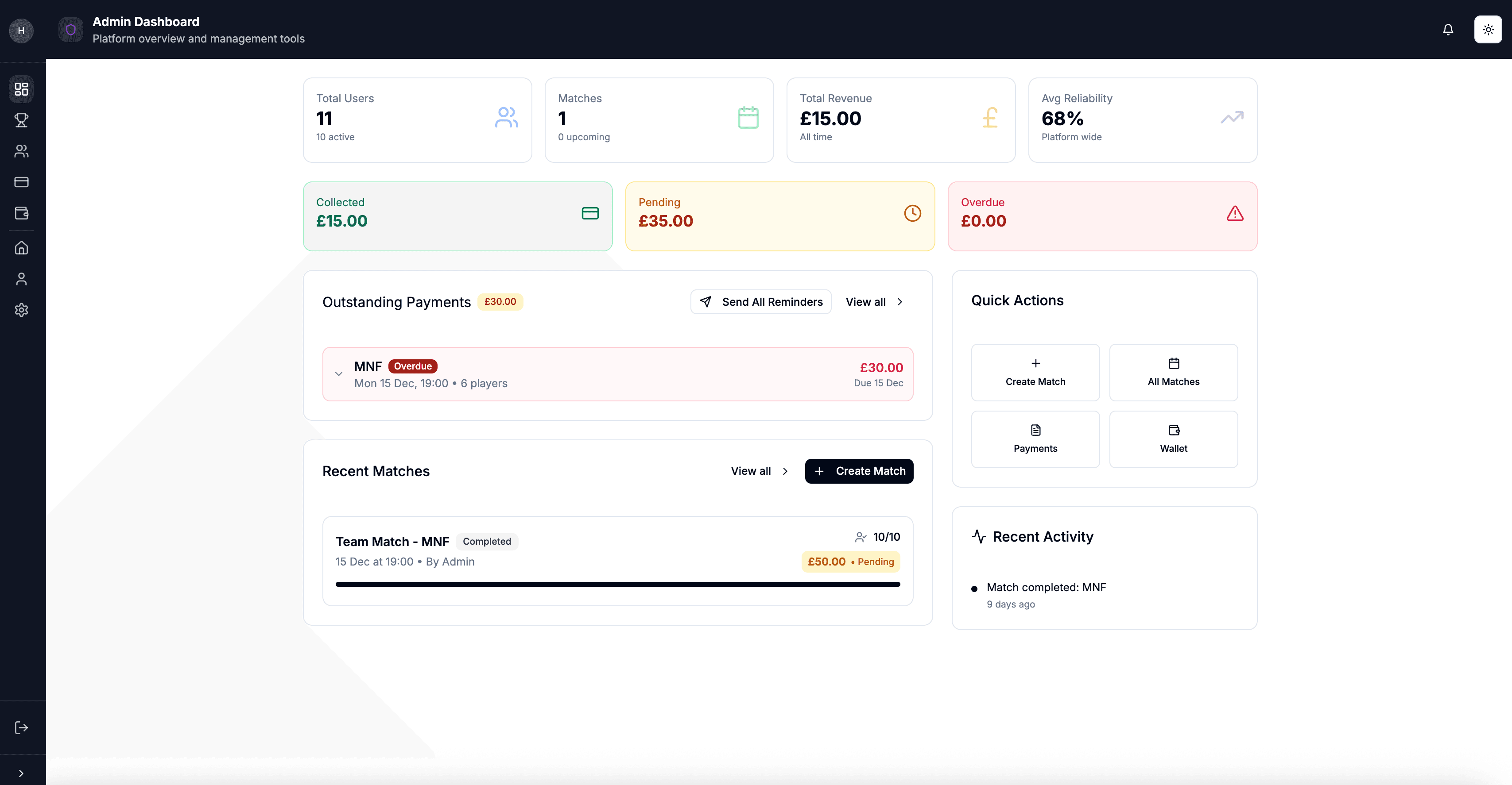 RatedBallers Dashboard - Track payments and manage matches